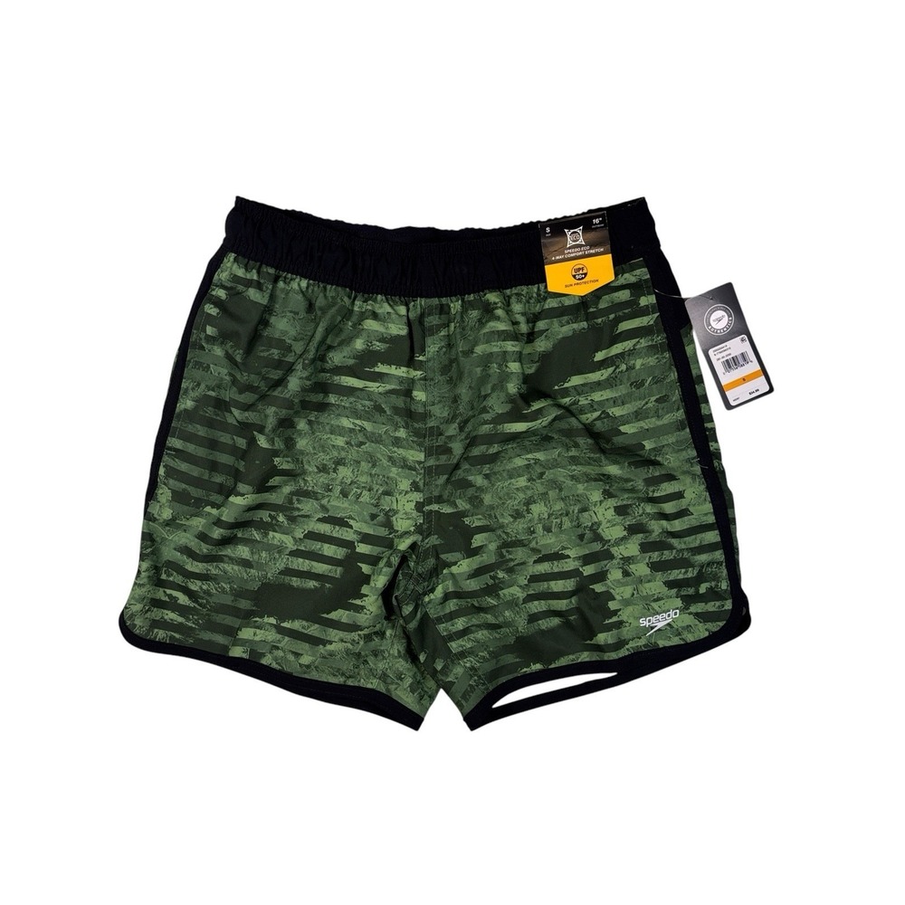 Speedo Shorts Mens Small Green Striped 4 Way Comfort Stretch Sun Protection NWT